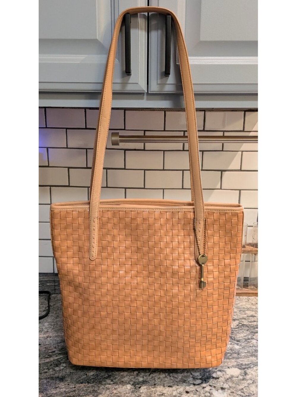 Fossil Tan Woven Leather Tote with Key Charm - EUC